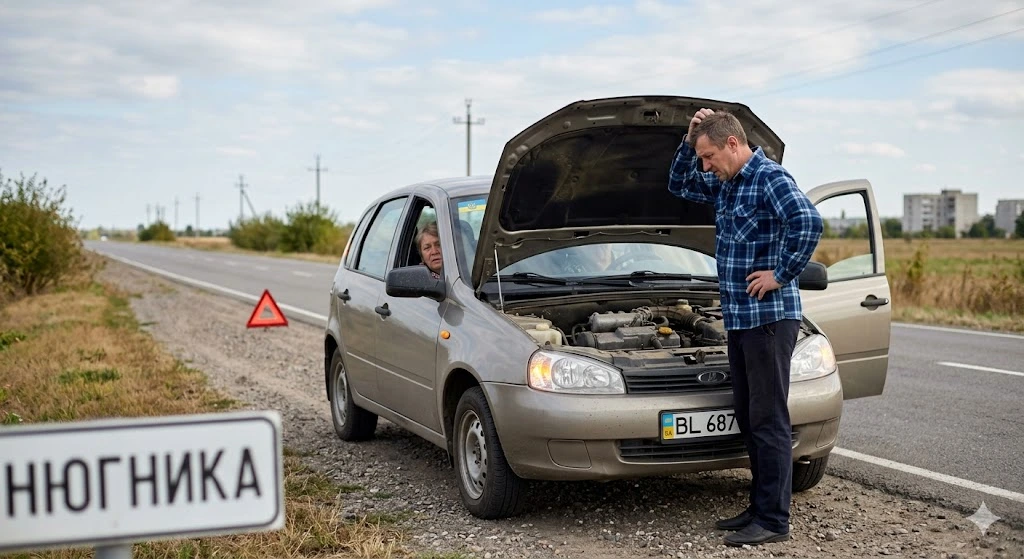 Водій оглядає зламаний автомобіль
