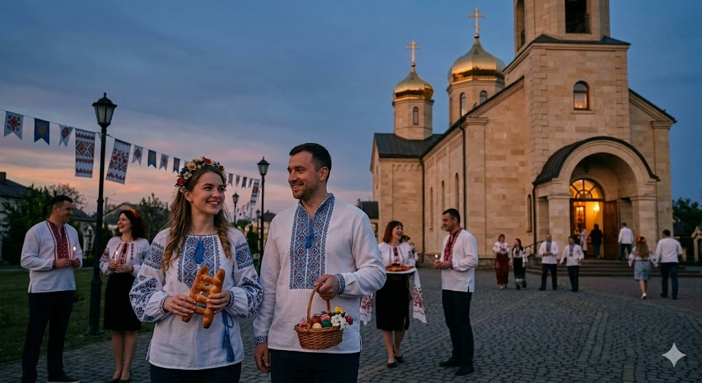 Украинцы у церкви вечером