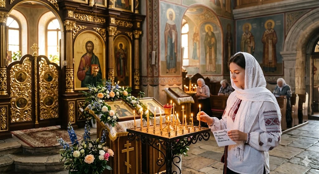 Девушка ставит свечу