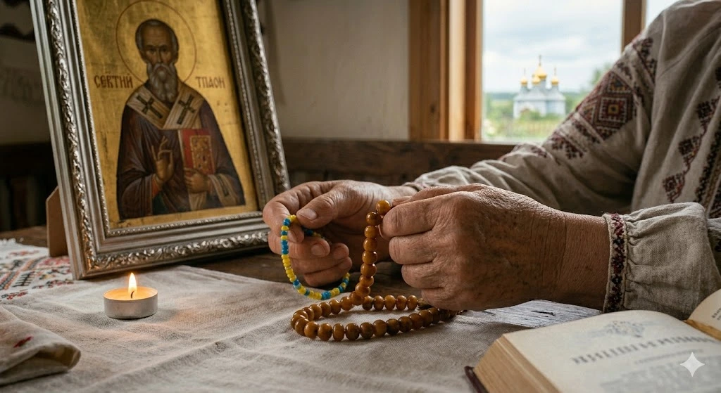 Руки с четками у иконы