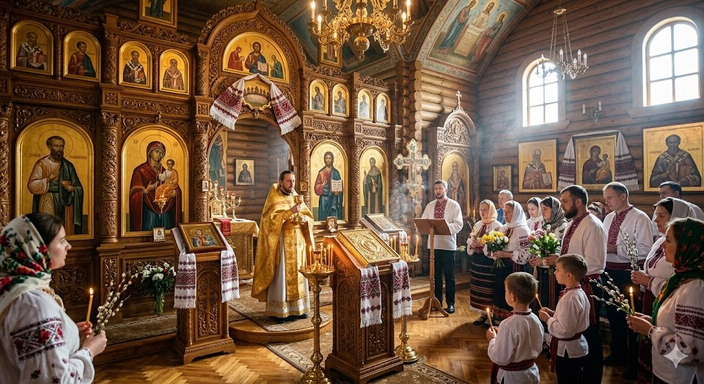 Служба, церква, ікони, люди