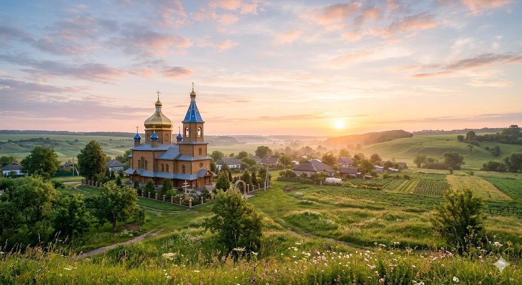 Церковь в селе, рассвет