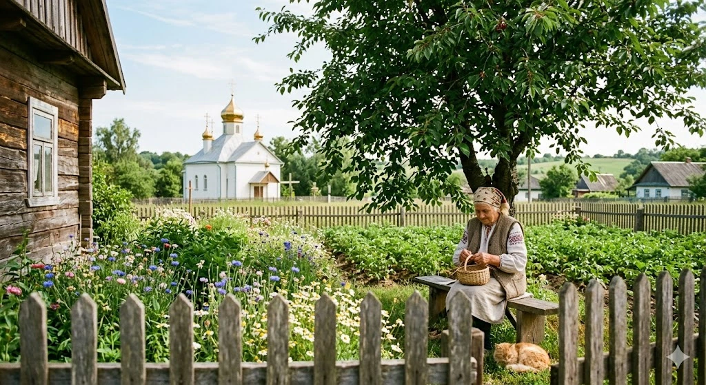 Женщина, огород, церковь