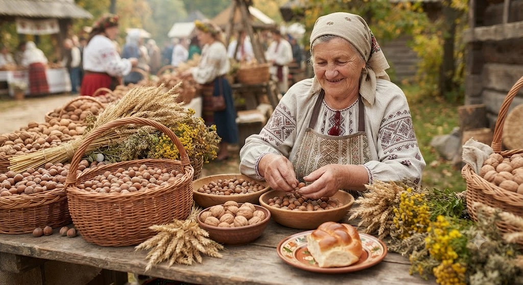 Бабушка перебирает орехи на ярмарке