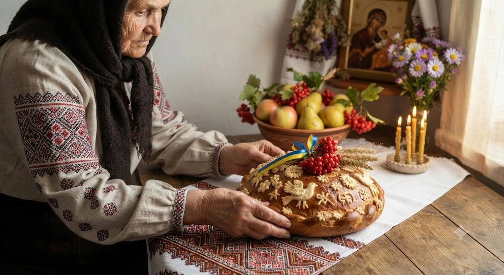 Бабушка украшает каравай калиной