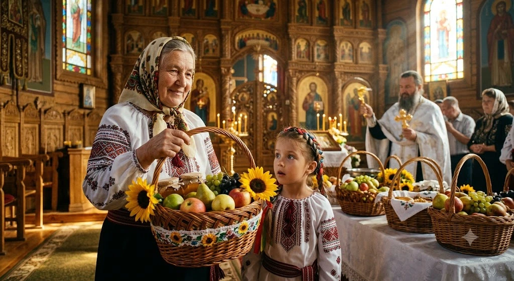 Бабуся, дівчинка, освячення яблук