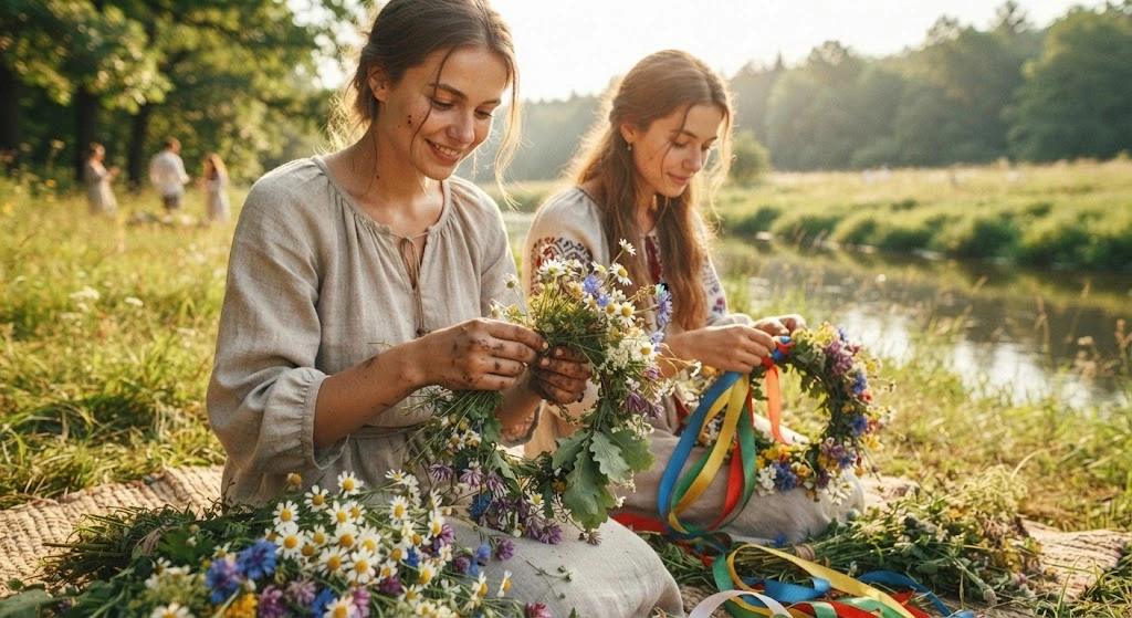 Девушки плетут купальские венки