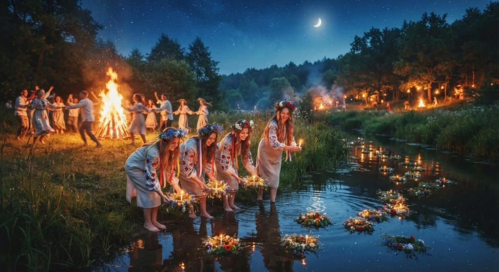 Купальская ночь, венки на воде