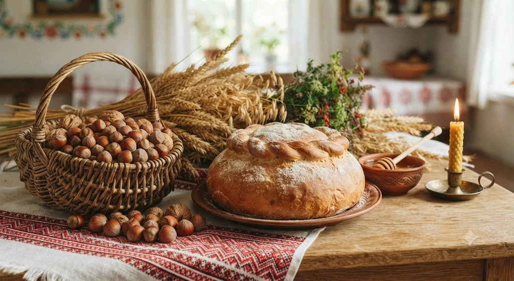 Орехи, хлеб, свеча, рушник