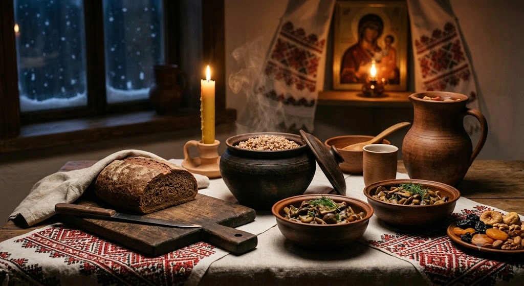 Постный стол, свеча, икона