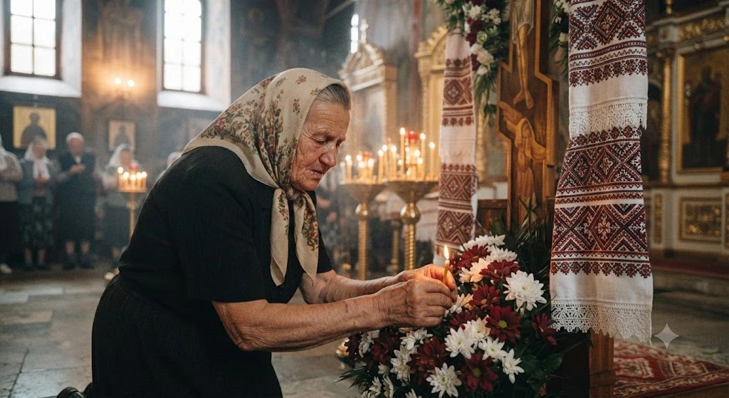 Пожилая прихожанка ставит свечу