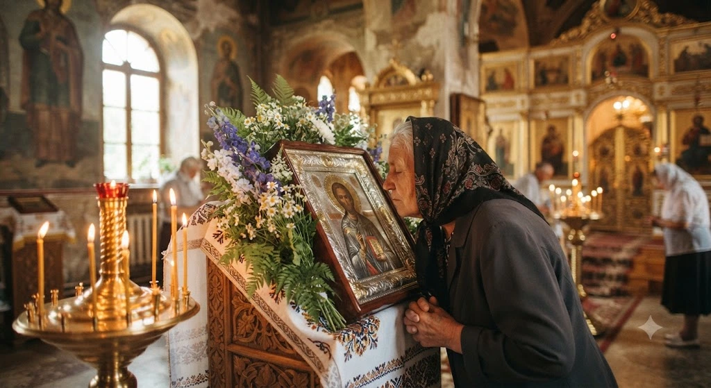 Пожилая женщина молится иконе