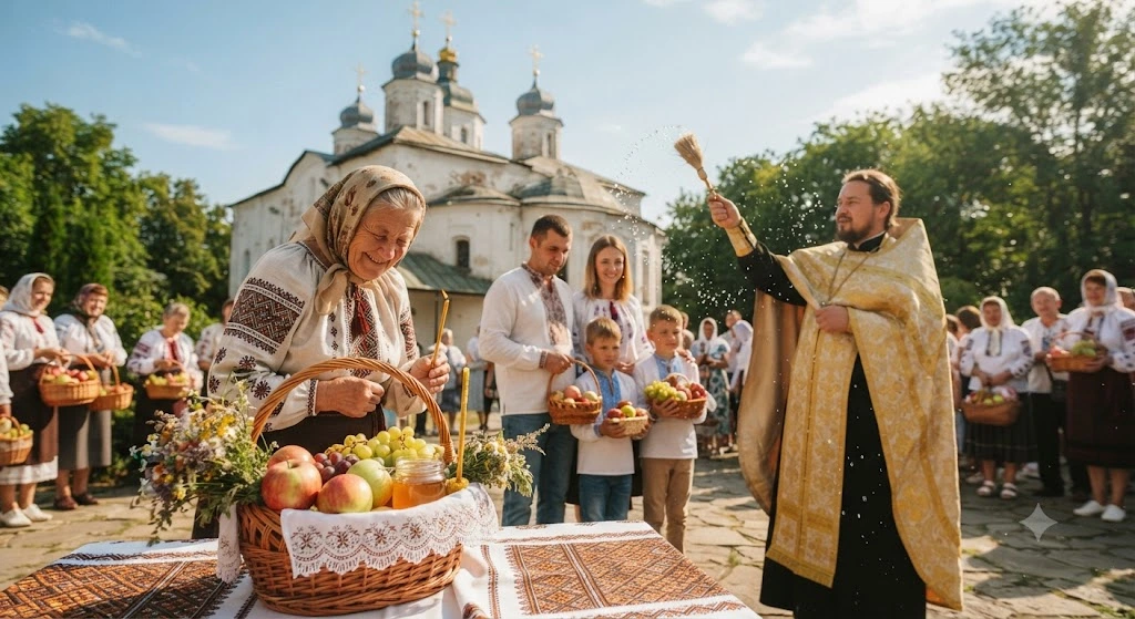 Священник освящает фрукты в корзинах