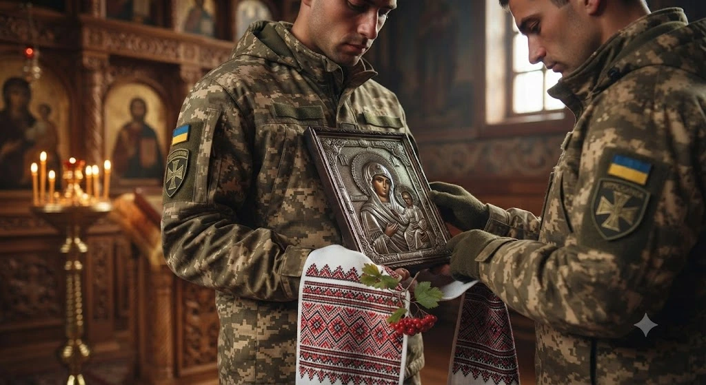 Военные держат старинную икону