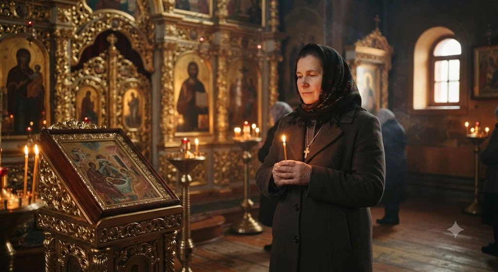 Женщина молится в церкви со свечой