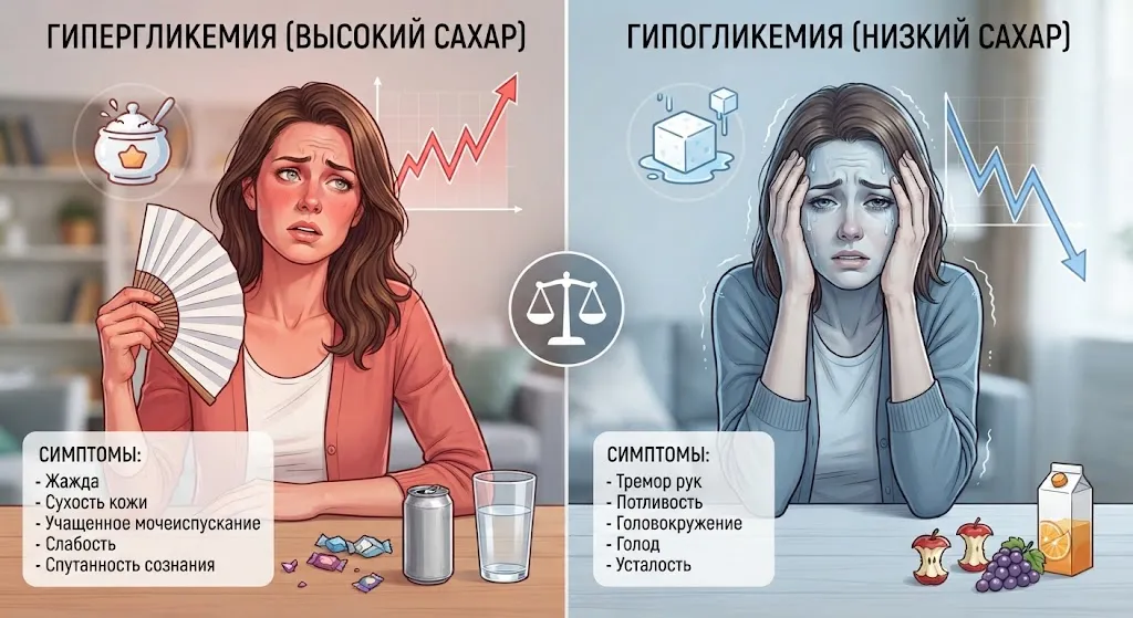Симптомы высокого и низкого сахара