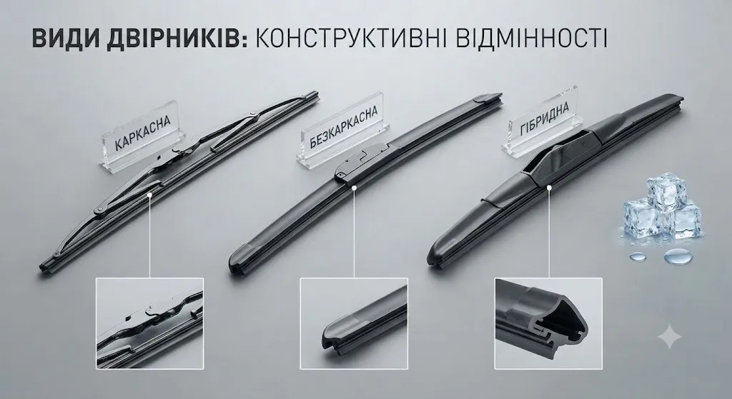 Виды конструкций стеклоочистителей: гибридные, бескаркасные, каркасные