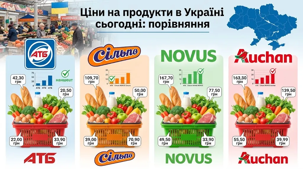 Інфографіка з порівнянням цін у продуктових кошиках супермаркетів АТБ, Сільпо, NOVUS та Auchan.