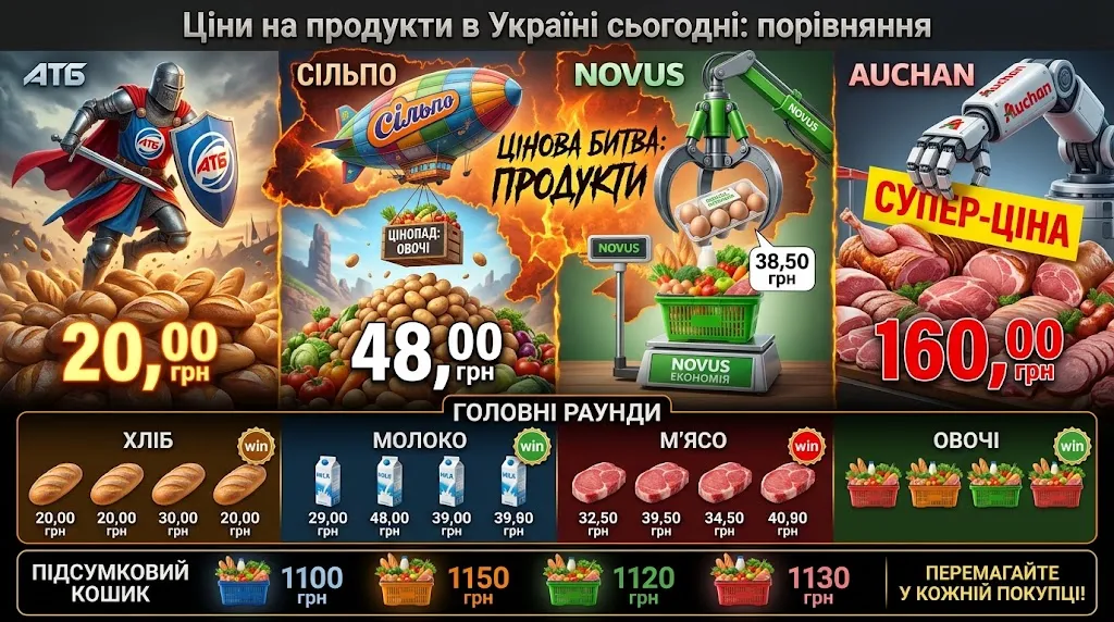 Колаж «Цінова битва» з порівнянням вартості базових продуктів і підсумкових кошиків у чотирьох супермаркетах.